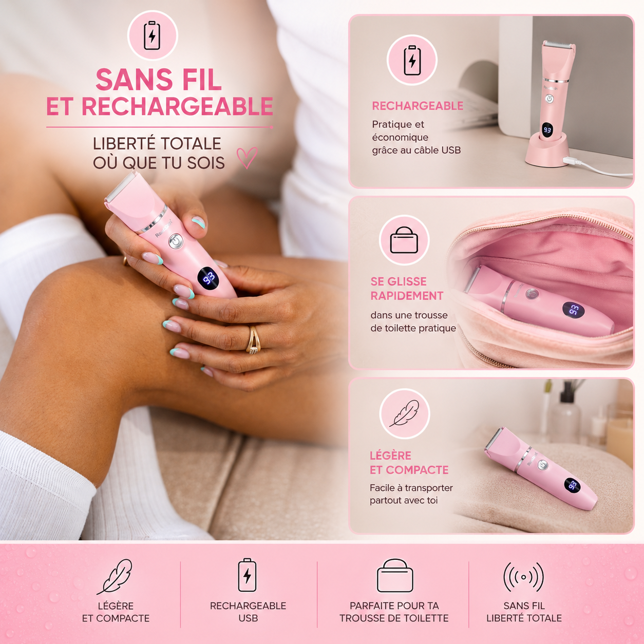 Rasoir Intime Électrique 3-en-1 RosaSkin | Sans Coupure & Anti-Irritation